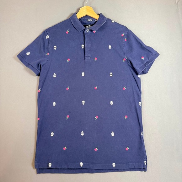 Hollister Other - Hollister Epic Flex Polo Shirt Navy Skull Rose Print Stretch Men's Medium
